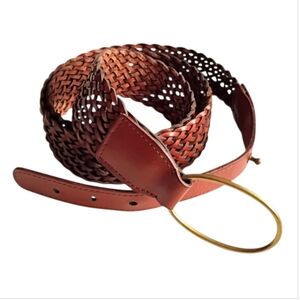 LUCKY BRAND Belt Brown Woven Leather Braided Brass Buckle L/XL